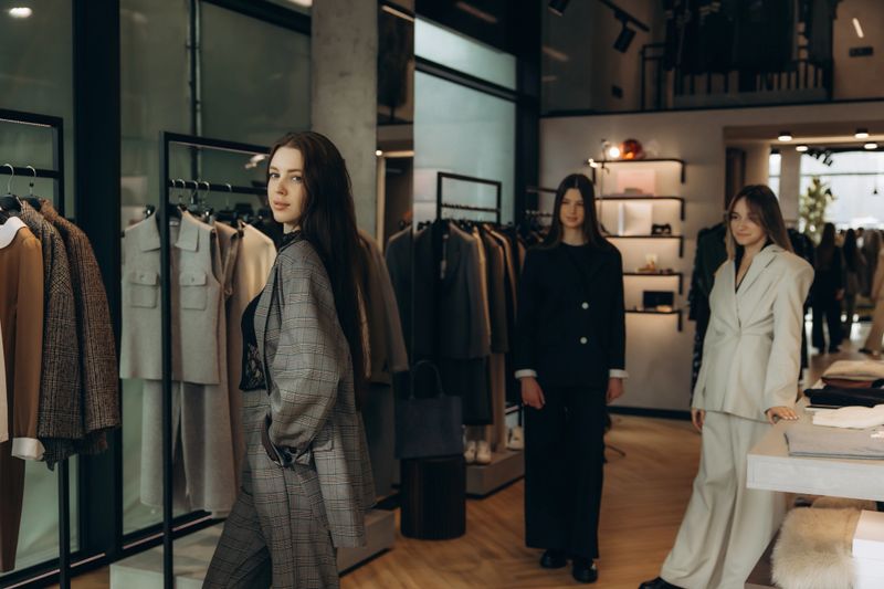 Three young women models posing in stylish tailored suits and outerwear, presenting new collection in a modern clothing store