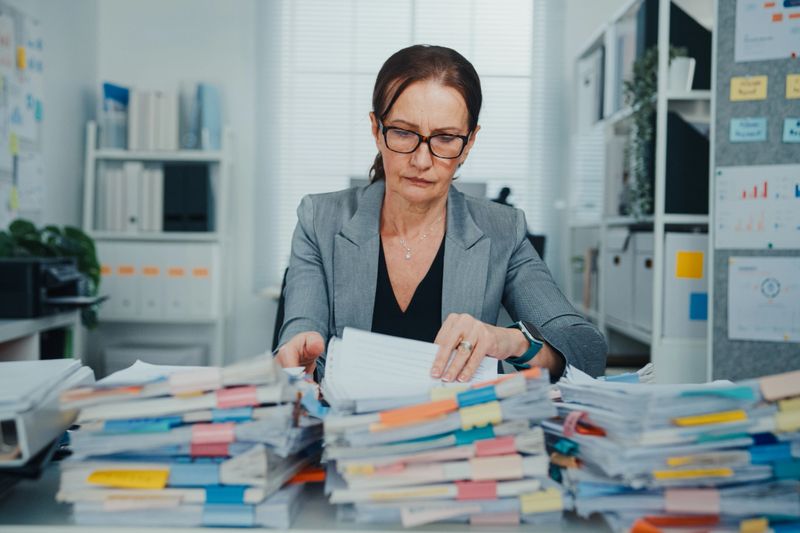 Overworked mature businesswoman manager sorts through a huge stack of files and documents at cluttered desk in office. Struggling to keep up with daily paperwork and deadlines.