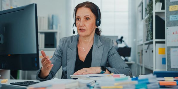 Mujer profesional con auriculares trabajando en una oficina.
