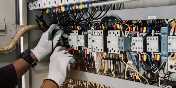 Electrician working on wiring in a control panel.