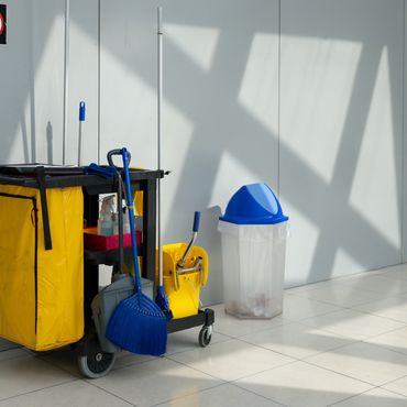 Cleaning cart with tools and a trash bin in a sunlit room.