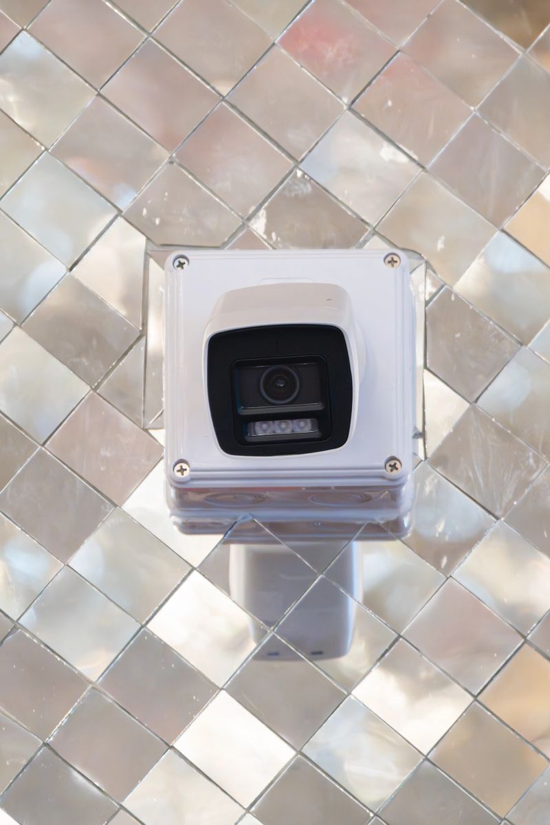 Security camera mounted on wall with reflective mosaic background. Device positioned for monitoring and surveillance in indoor space.