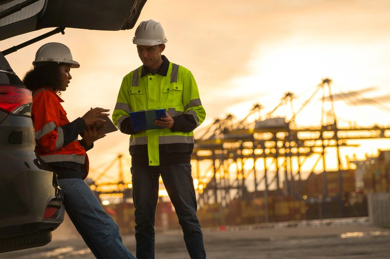 Two industrial engineers wearing safety gear coordinating logistics and communication at a port during sunset. One worker uses a walkie-talkie while the other checks information on a tablet near a vehicle. The warm golden light and industrial background highlight teamwork, port operations, shipping logistics, and modern transportation management.