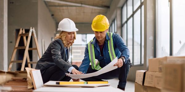 Two construction workers reviewing plans indoors.