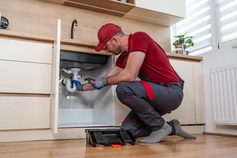 Professional man repairing kitchen sink plumbing system using tools. Home service technician fixing drain