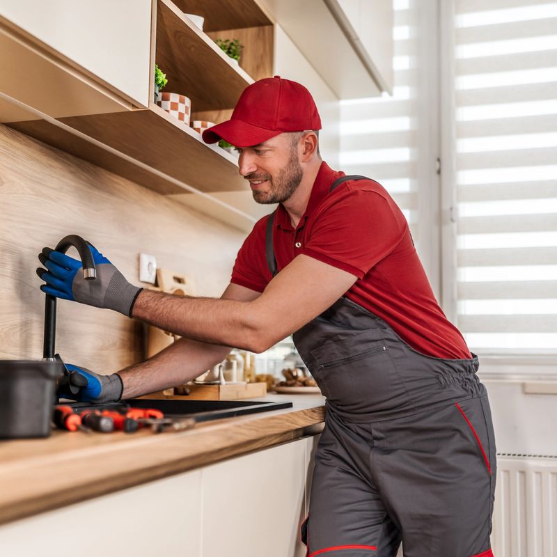 Smiling plumber wearing cap and work uniform, troubleshooting and installing a kitchen sink faucet, providing home maintenance service