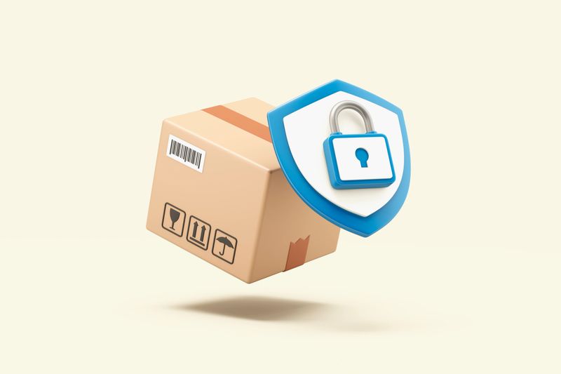 Cardboard box with shield and lock symbol representing secure delivery, protected shipment, or safe packaging. 3D illustration.