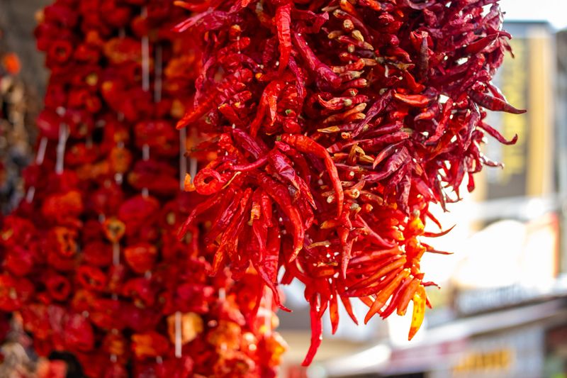 Drying Spicy Peppers Found In The Market In Turkey