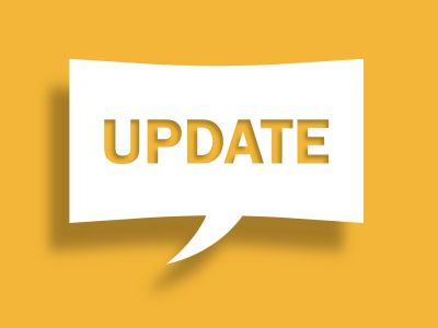 Speech bubble with the word UPDATE on a yellow background.