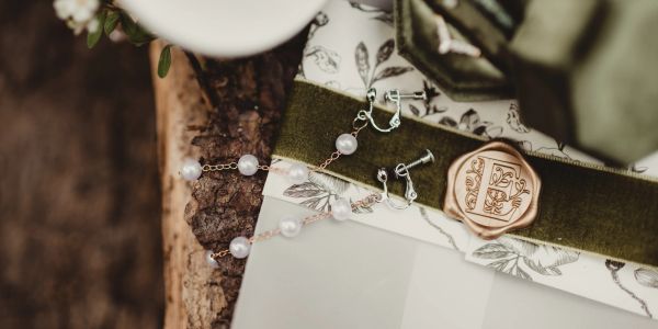 Pearl jewelry and a wax seal on floral paper.