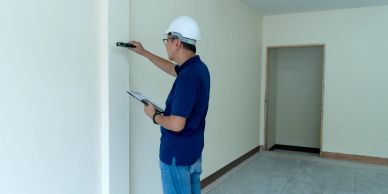 Man inspecting a wall inside an empty room.