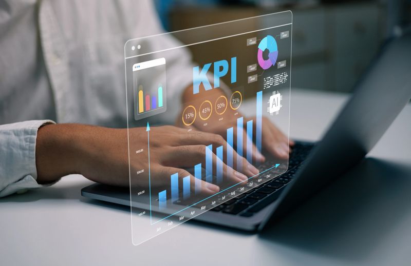 KPI business performance analytics dashboard charts, Businessman working on laptop growth metrics, AI data insights virtual interface analyzing key performance indicators, business strategy