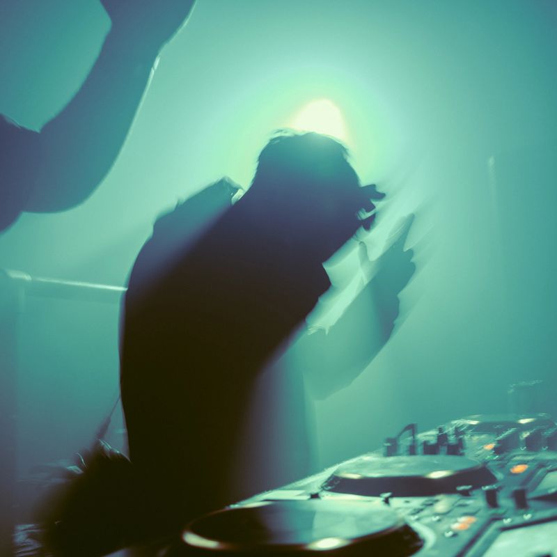 A silhouetted DJ performs behind turntables in a club setting, surrounded by cool-toned lighting and haze, capturing the immersive atmosphere of electronic music culture.