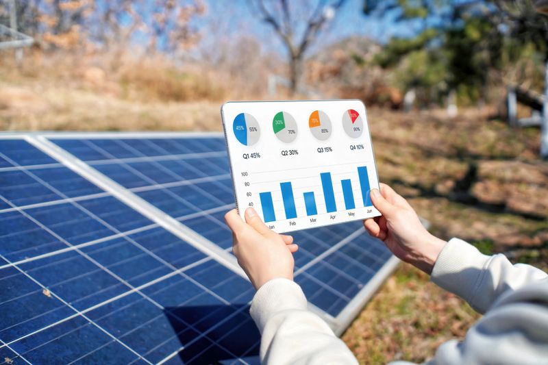 Person Analyzing Solar Panel Performance with Dashboard