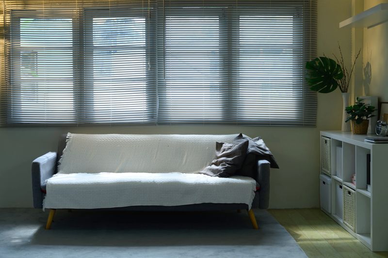 Modern living room interior with cozy sofa, white bookshelf, and large windows with blinds.