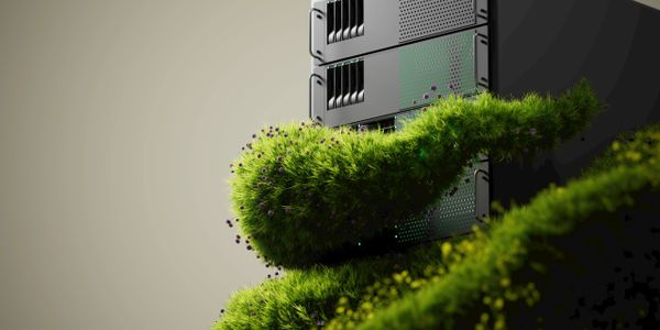 Green moss growing on black servers in a data center.