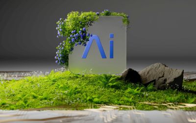 Adobe Illustrator logo surrounded by moss and flowers.