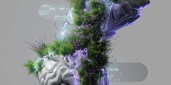 Futuristic human torso intertwined with greenery and digital elements.