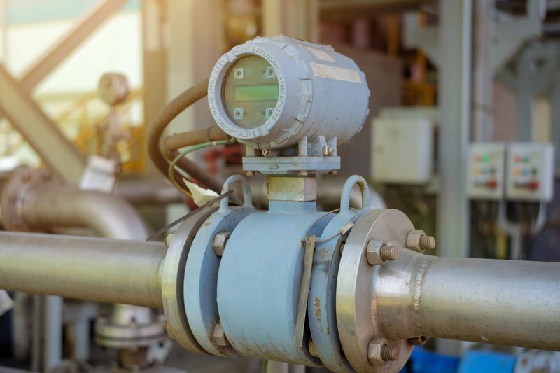 Close-up view of a sophisticated industrial flow meter attached to a large pipe in a factory or plant. Focus on technology and manufacturing.