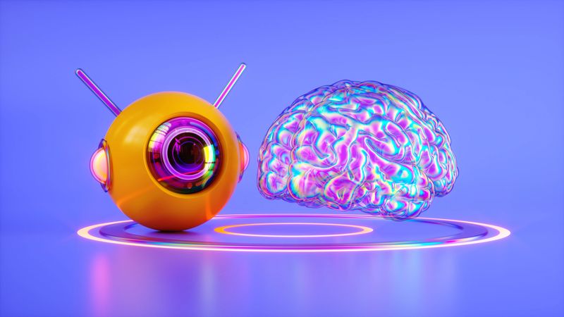 This cutting-edge Computer Graphic captures the fascinating intersection of human intellect and Machine Learning, featuring an orange Robot alongside a Holographic Human Brain. The Three Dimensional composition masterfully visualizes Artificial Intelligence and Deep Learning through Neon Colored rings and a Vibrant Color palette against a Blue Background. Glowing and Illuminated elements create a Futuristic atmosphere that embodies true Innovation and progress in Science and Technology. Perfect for tech companies, Neurotechnology startups, and educational materials. An ideal Digitally Generated Image for audiences seeking to convey complex Data Science, Digital Transformation, and advanced Technology concepts in their commercial or corporate presentations.