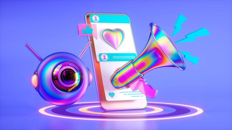 This vibrant three dimensional visualization illustrates the future of digital marketing, featuring an advanced artificial intelligence robot alongside a smart phone and a dynamic megaphone. The bright, modern composition highlights an illuminated social media icon and like button, representing automated customer engagement and robust online advertising. Glowing neon rings and a vivid blue background create a powerful representation of modern global communications and influencer reach. Perfect for publicist agencies, technology startups, business strategy presentations, and comprehensive social media marketing campaigns. Ideal for forward-thinking organizations looking to communicate the massive potential of machine learning and virtual assistant technology in driving lead generation and connecting with a target market.