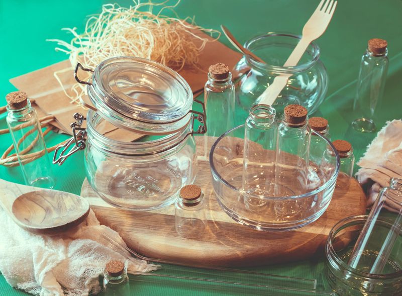 Minimal kitchen composition featuring wooden spoons and glass containers. Concept of sustainability, zero waste, eco-conscious lifestyle, natural materials, and clean living.