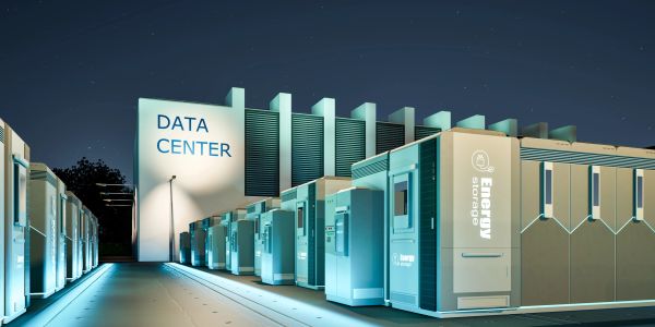 Night view of a data center with energy storage units.