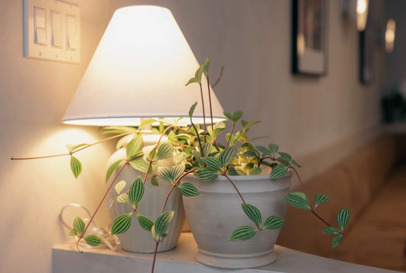 A trailing potted houseplant sits beside a warm-lit table lamp on a low indoor shelf, creating a cozy, relaxed living room atmosphere with soft lighting and natural greenery.