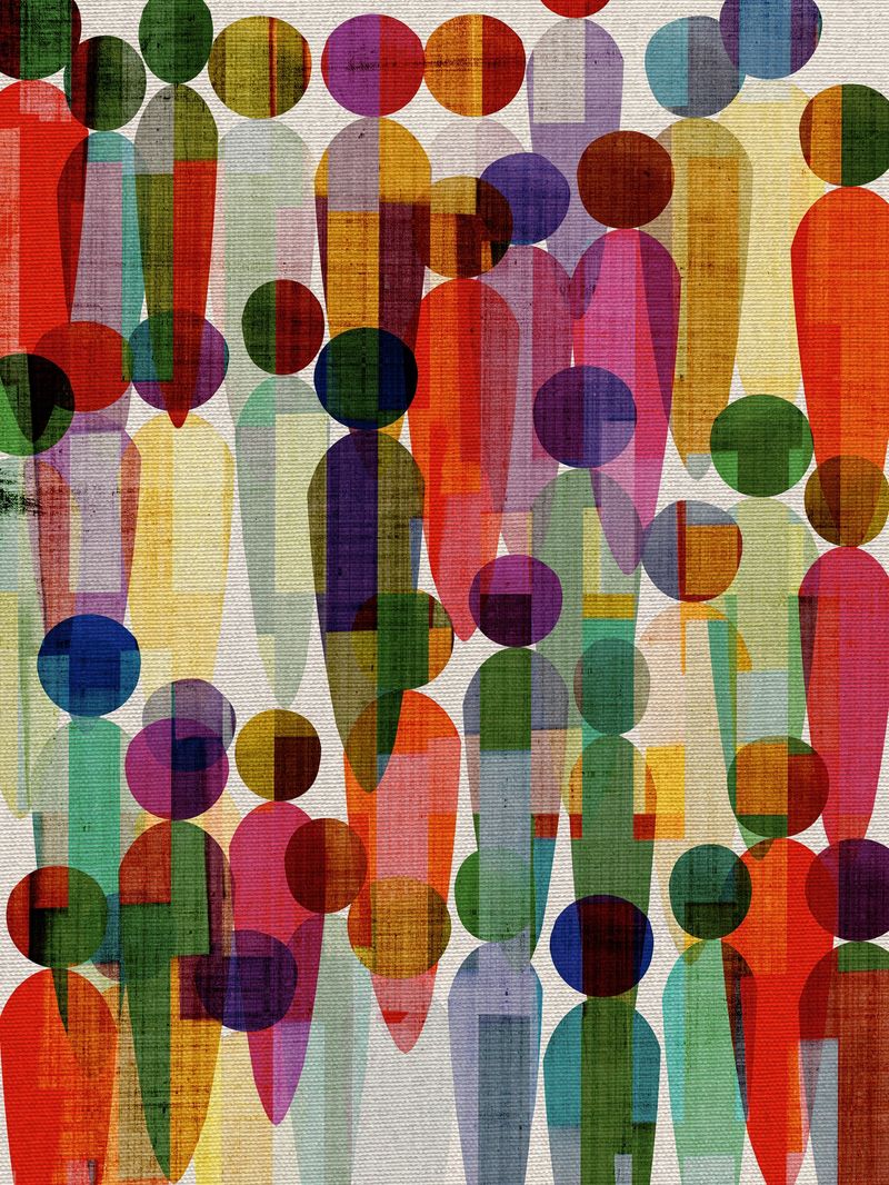 A vertical, detailed collage of numerous distinct human silhouettes filled with vibrant colors, different patterns, and unique textures, representing the interconnectedness of human society and diverse backgrounds.