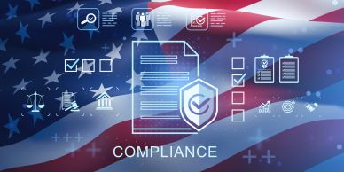 Compliance concept with American flag background.