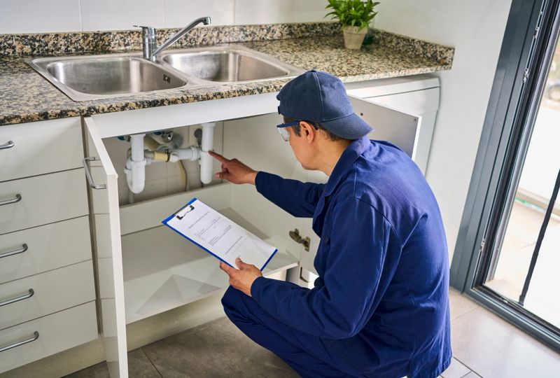 Plumber, house and handyman with clipboard, inspection and maintenance with expert. Employee, contractor and repair with checklist, service or quality control with industry, at home renovation or skills