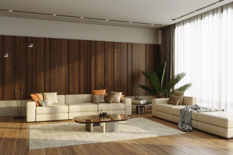 Modern Minimalist Living Room with Wooden Accent Wall and Neutral Tones