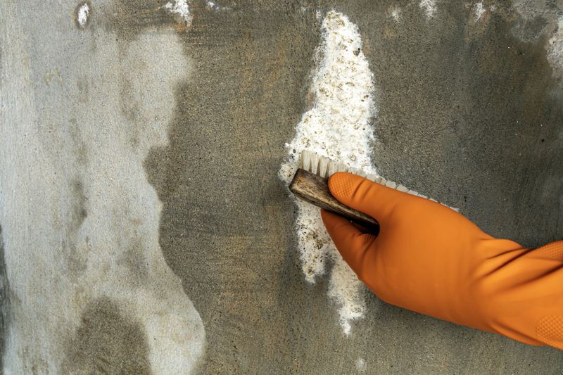 A close-up shot of a hand protected by a bright orange rubber glove firmly gripping a worn stiff-bristle brush, actively scrubbing away white powdery efflorescence and mineral salt deposits from a weathered, moisture-stained gray concrete or cement wall. The white chalky residue is clearly visible against the dark, damp patches on the rough surface, illustrating building maintenance, mold and salt removal, and waterproofing preparation work in construction or home repair.