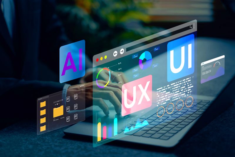 Enhancing user experience with ai powered ux ui dashboard interface in a modern office setting showcasing innovative design and data visualization techniques