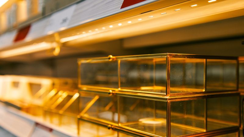 Clear glass boxes with polished gold frames are neatly arranged on a store shelf, illuminated by soft, warm overhead lights