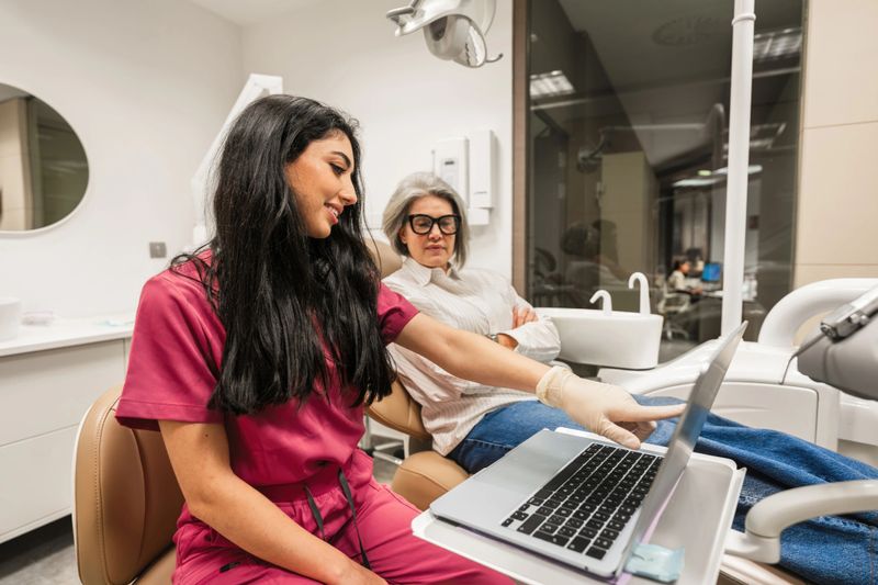 Young dentist consults mature female patient, pointing at laptop screen in modern dental clinic while discussing treatment and oral care guidance