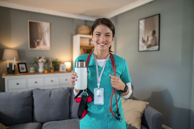 Smiling mid adult female healthcare professional wearing scrubs and stethoscope, holding a water bottle and resistance band, ready for home care physical therapy in a client's home