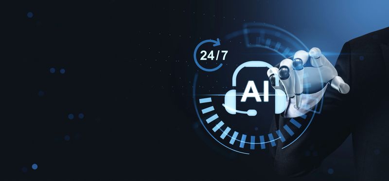 Robotic hand touches AI headset icon with 24 7 support symbol, futuristic digital style, dark blue background, concept of artificial intelligence help