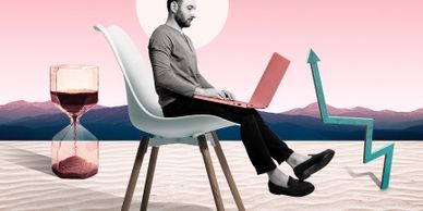 Man working on laptop with rising graph and hourglass, symbolizing time and growth.