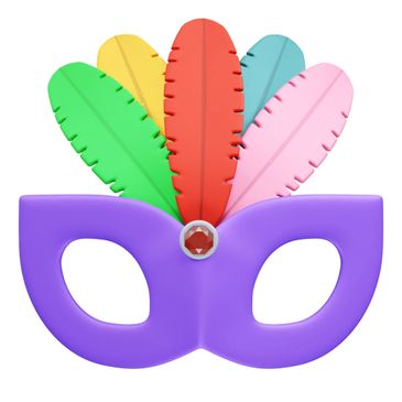 Colorful masquerade mask with vibrant feathers and a gem.