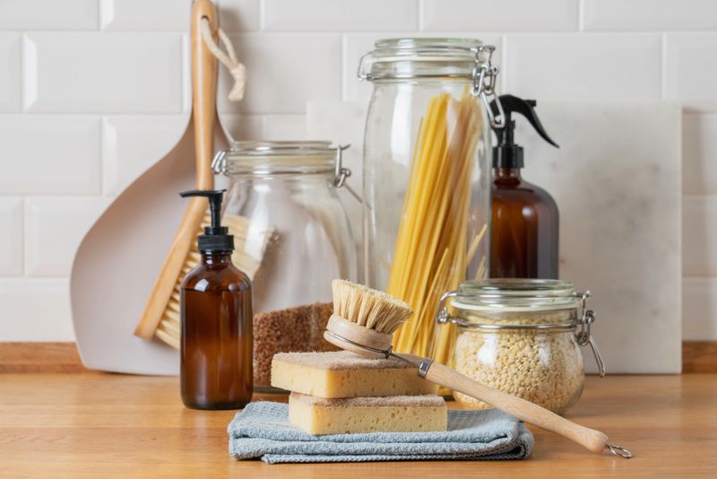 Zero waste home  concept with glass reusable bottles, wooden cleaning brushes and jars on wooden countertop in bright minimalist kitchen interior