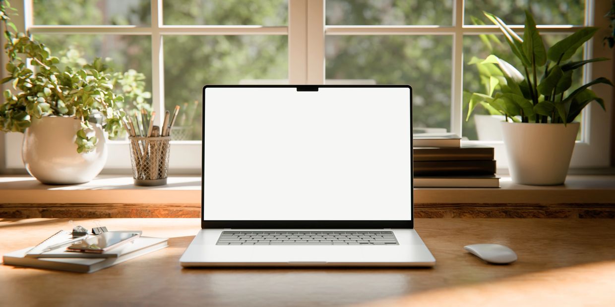 Laptop on wooden desk by window with plants.