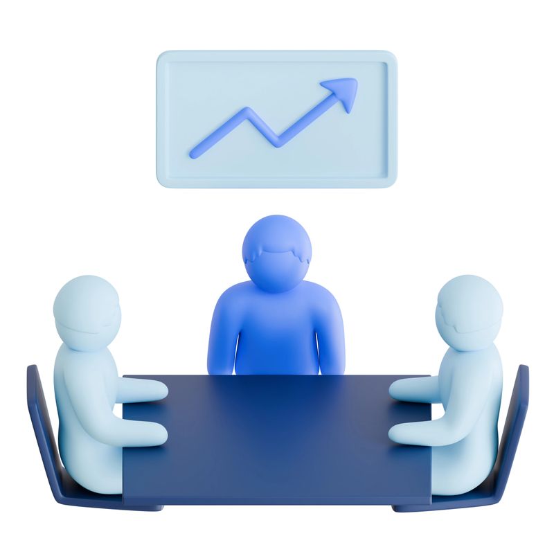 3D isometric business meeting illustration with a growth chart on the wall showing financial success, data analysis, and professional corporate progress report.