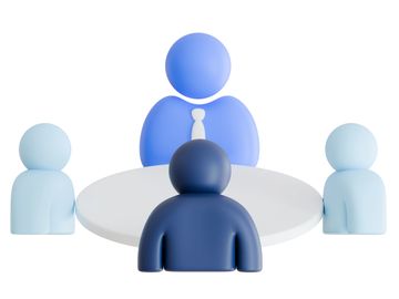 Stylized figures around a round table in a meeting setup.