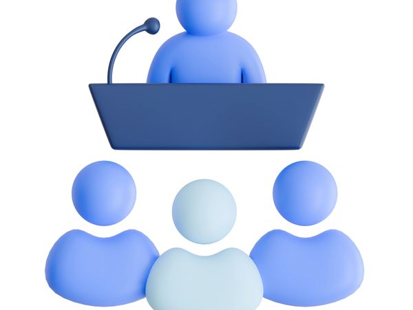 3D icon showing a speaker addressing an audience of three.