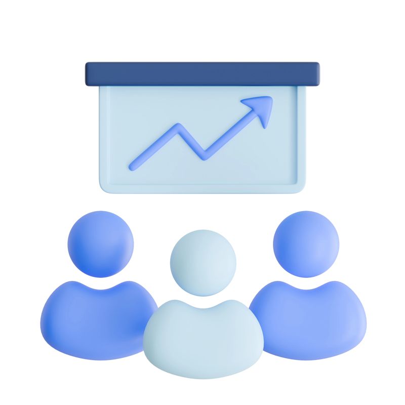 3D icon of a business presentation with a rising arrow chart on a screen for growth and success.