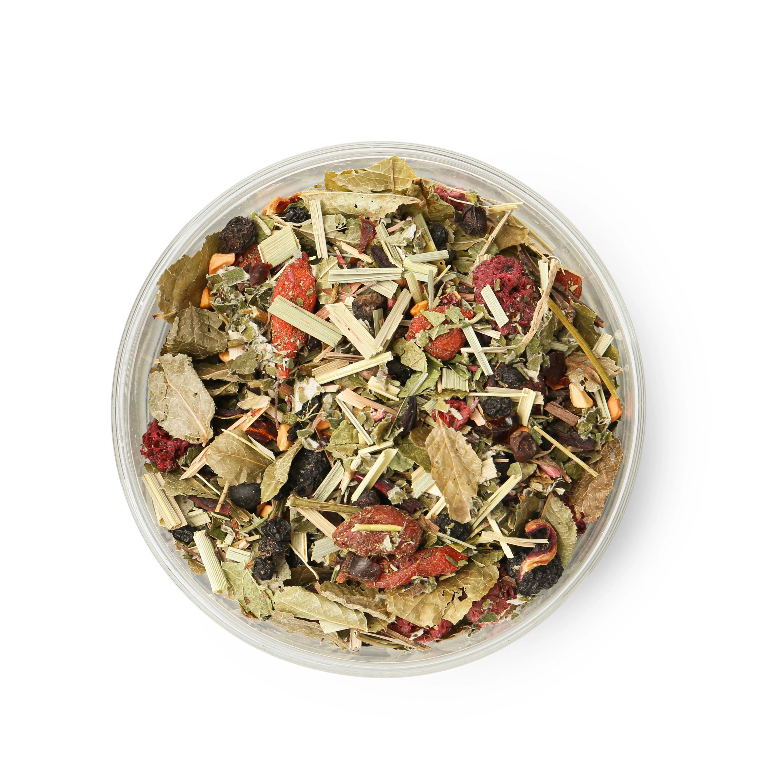 A bowl filled with a colorful mix of dried herbs and fruits.