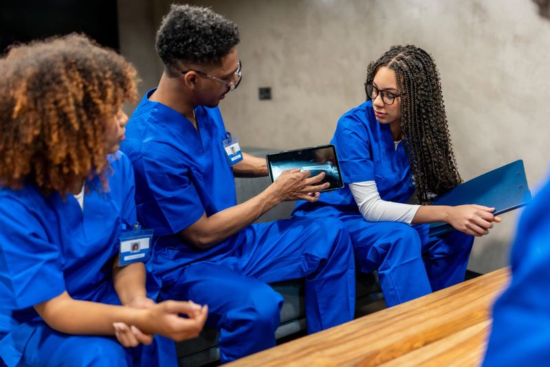 Group of diverse medical students in scrubs reviewing an x-ray image on a tablet, learning anatomy and discussing patient cases during a healthcare training session