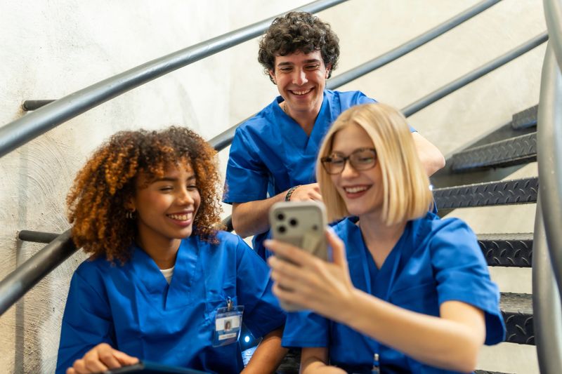 Three diverse young medical students in scrubs laugh and share a smartphone on a stairwell, enjoying a casual study break that shows friendship, teamwork, and future healthcare careers