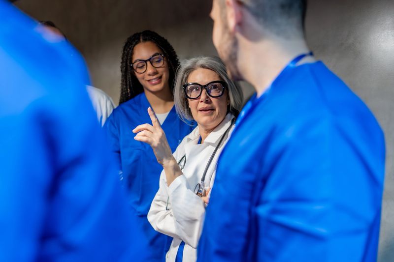 Healthcare professionals, including a mature adult doctor and young adult nurse, are collaborating and discussing important medical topics in a hospital or clinic setting, fostering teamwork